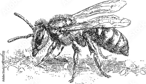Detailed vintage illustration of a honeybee perched on a surface, showing textured body and wings