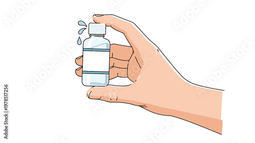 Human hand holding a small clear bottle with a white cap, liquid drops splashing out, isolated vector illustration on a clean white background, representing medicine or sanitizer.