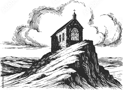 chapel on rocky hilltop vintage gothic church illustration with dramatic clouds and rugged landscape