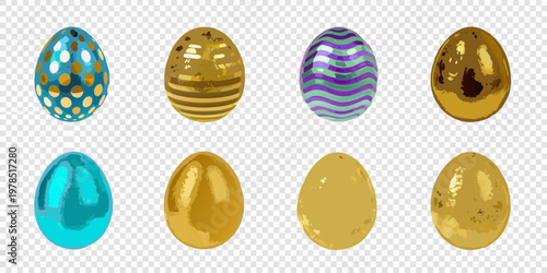 A collection of vibrantly patterned and colored easter eggs on transparent