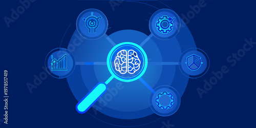 Artificial intelligence concept with a brain scan and analyzing icons