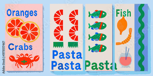 Colorful illustrated panels depicting oranges fish crabs and pasta