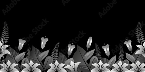 Elegant floral arrangement in grayscale with lilies and foliage