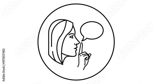 A minimalist line drawing depicts a woman in profile with a speech bubble and a shushing gesture