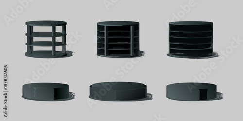 Minimalist 3d rendering of dark gray cylindrical furniture pieces