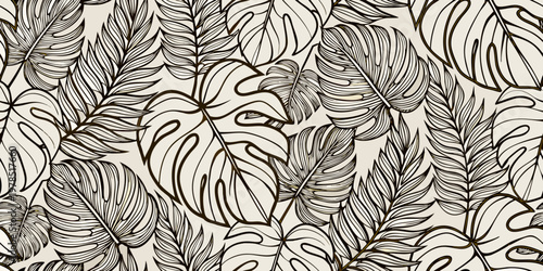 Intricate botanical illustration of monstera and fern leaves in a seamless pattern