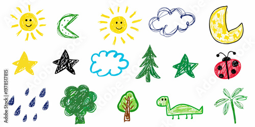 Child s drawing of celestial bodies nature and cheerful animal life
