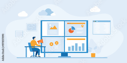 Man analyzing data on a large computer screen with charts