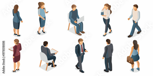 Isometric illustration depicting diverse people engaged in various professional activities