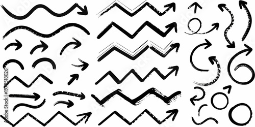 Collection of hand drawn black arrows and abstract directional shapes
