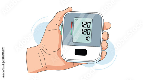 Human Hand Holding Digital Blood Pressure Monitor Displaying High Readings, Indicating Hypertension and Cardiovascular Health Monitoring. Medical Device for Home Health Check-up.