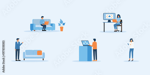 People collaborating and working remotely in a modern office setting