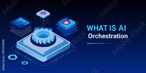 Isometric illustration depicting ai orchestration with mechanical components