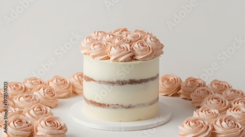 Elegant semi naked pastel pink floral cake with delicate layers and buttercream roses on white background