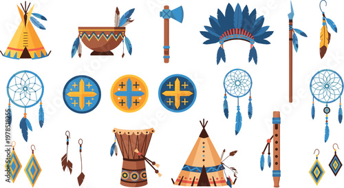 Native American Tribal Elements, Dreamcatchers, Feathered Headdresses, Tents, Drums, Shields, and Traditional Art Symbols for Cultural Designs