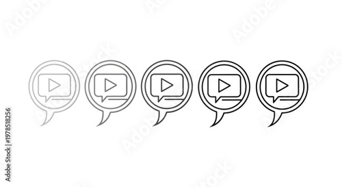 Five speech bubble icons with play symbols inside showcasing varying levels of transparency