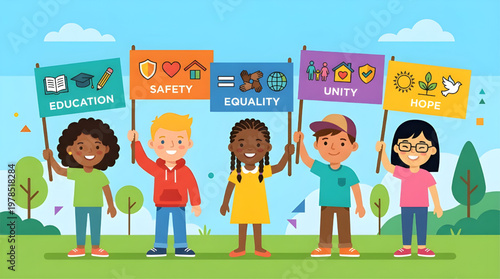 Happy Kids Holding Posters for Unity Equality and Hope Diversity Awareness Illustration