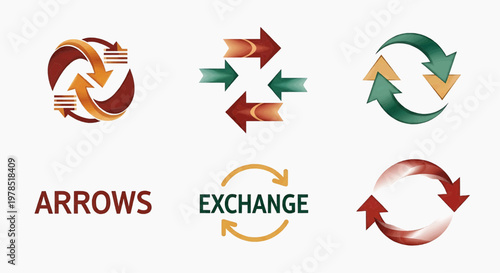 A colorful graphic illustration of arrows and exchange symbols arranged in a circular motion on a white background with various directional arrows.