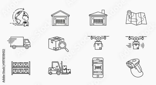 A collection of logistic icons including a truck, warehouse, drone, and forklift for transportation and delivery purposes.