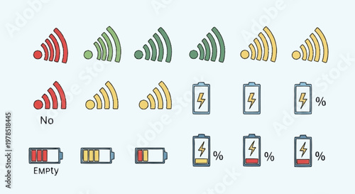 Illustrative Icons Depicting Signal Strength and Battery Levels.