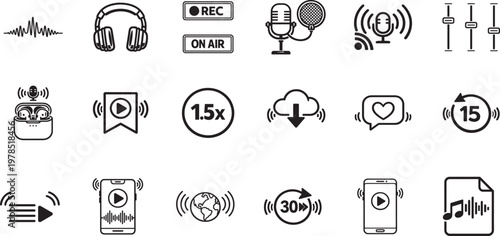 Podcast line icon set with microphone, audio, broadcasting and streaming editable stroke vector.