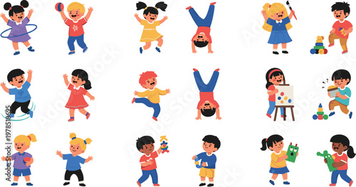 Playful Children Icon Set Featuring Kids Playing, Painting, and Performing Activities for Web and App Use