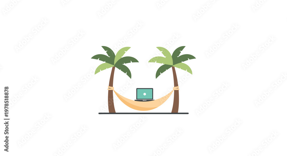 Obraz premium Relaxation concept with laptop on hammock between palm trees.