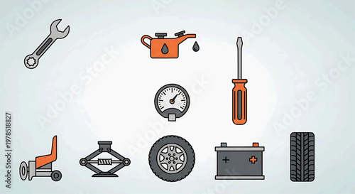 A collection of car maintenance tools and parts on a light blue background including a wrench, oil can, screwdriver, lawn mower, wheel, battery, and tire.