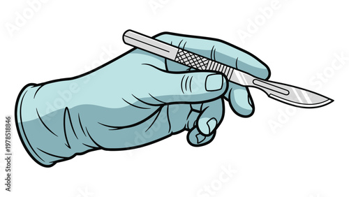 Professional surgeon's gloved hand holding a sharp sterile scalpel, ready for precise medical operation or delicate surgical procedure in healthcare illustration.
