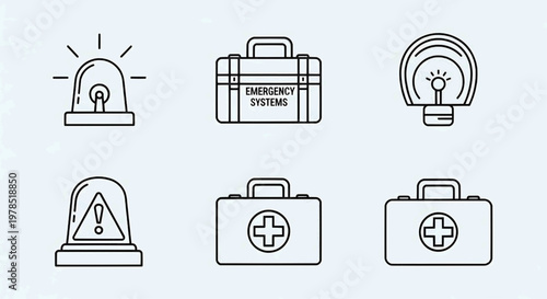 Emergency kits and medical supplies are organized on a table indoors.