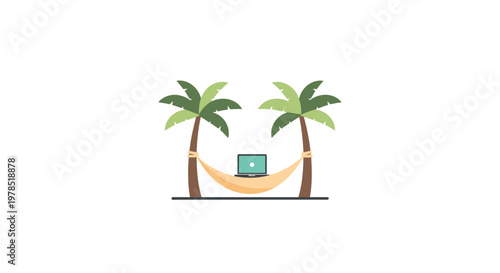 Relaxation concept with laptop on hammock between palm trees.