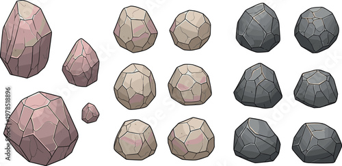 Polygonal Rocks Set in Various Shapes and Colors for Geology, Nature, and Mineral Illustrations