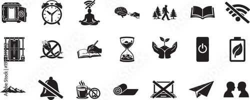 Digital detox icon set with offline, no phone, no gadgets editable stroke vector illustration.