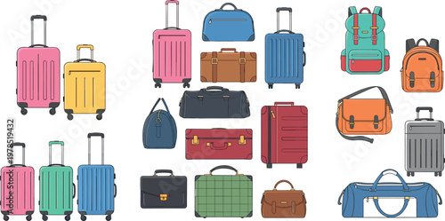 Travel Luggage Set Featuring Colorful Suitcases, Duffel Bags, and Backpacks