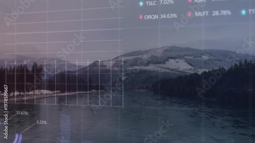 Camera approaching river and snow ridge, environmental HUD appearing, rising then fading with grids