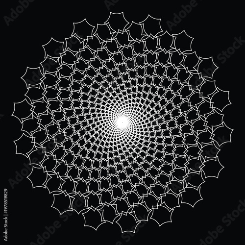 White geometric spiral mandala pattern on black background