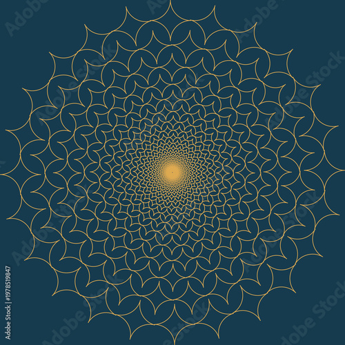 Golden mandala geometric circular pattern on dark blue background