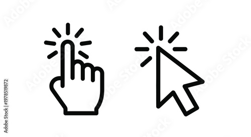Simple black and white illustration depicting a hand pressing and a cursor clicking signifying interaction