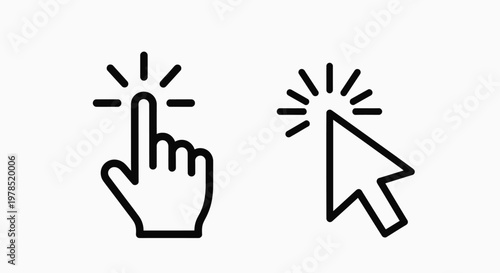 Two distinct line art depictions showcase a hand pressing a button and a computer cursor clicking