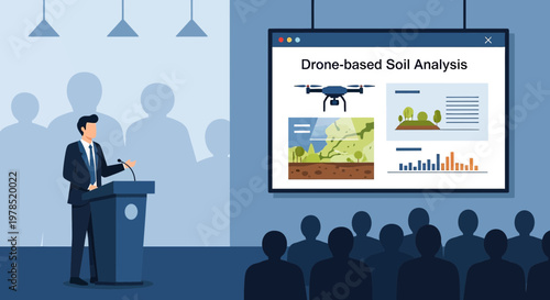 Presentation showcasing drone-based soil assessment to an attentive audience with graphical data