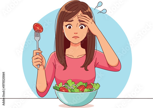 Woman feeling stressed while eating a healthy salad meal