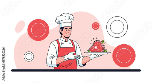 Professional chef presents gourmet steak dish with artistic and modern background elements