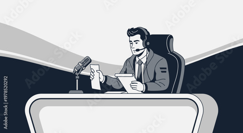 Professional news anchor or podcaster broadcasting live from the studio with microphone and headset