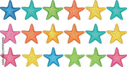 Colorful starfish collection with different sea star shapes, tropical ocean animals in playful vector illustration set