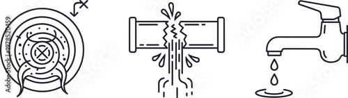 Set of plumbing problems icons including clogged drain, broken pipe, and leaking faucet.