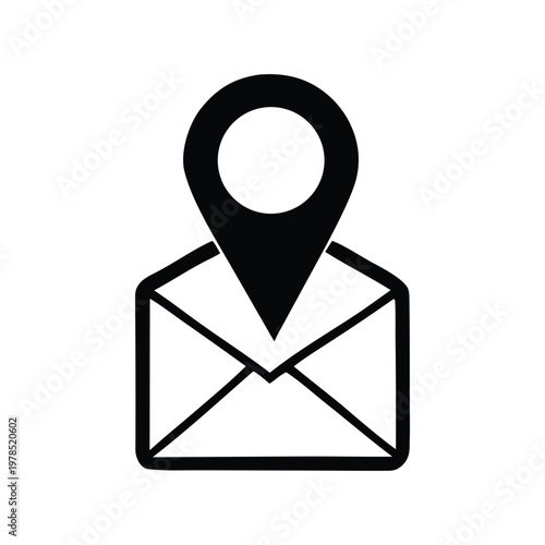 Illustration of a location marker placed on top of an envelope, symbolizing contact or mailing address information