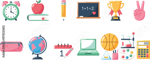 School education icon set with classroom objects learning tools and academic elements in colorful flat vector illustration design