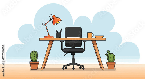 A minimalist home office setup featuring a desk chair lamp and potted cacti plants