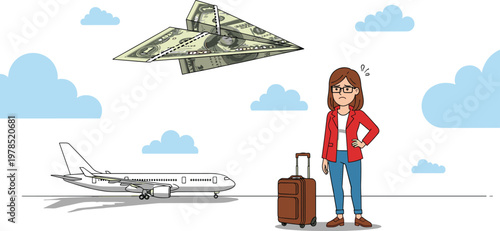 Sad woman traveler with suitcase watching paper money airplane fly away representing high travel costs expensive flight tickets inflation and financial stress in aviation industry.