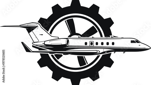 Modern private business jet airplane silhouette flying in front of a mechanical gear cogwheel icon for aviation engineering maintenance and aerospace technology industry services.
